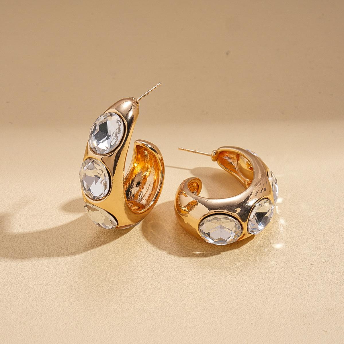 Metal Diamond Geometric C-Shaped Silver Needle Earrings Light Luxury Fashion Versatile Commuter Earrings