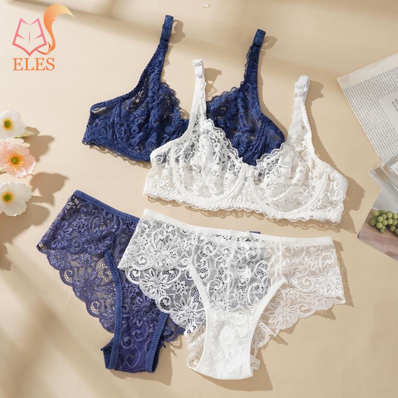 Women Sexy Lace Lingerie Sets 2 Pieces Underwired Bra&Panty Set Sheer See Through Low Waist Underwear