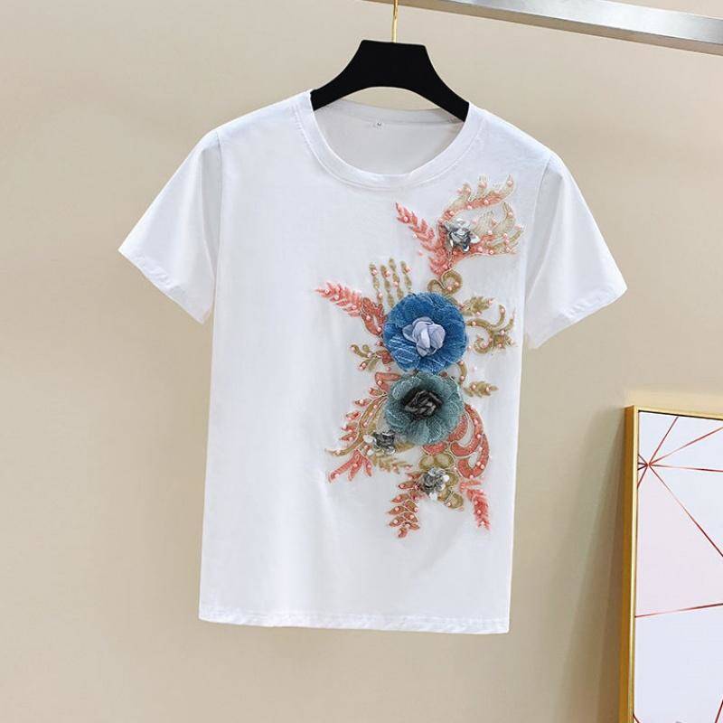 Sommer Mode Frauen Lose Stickerei Kurzarm Top und Cropped Jeans Anzug Casual Zwei-stück Set Weibliche Plus Größe