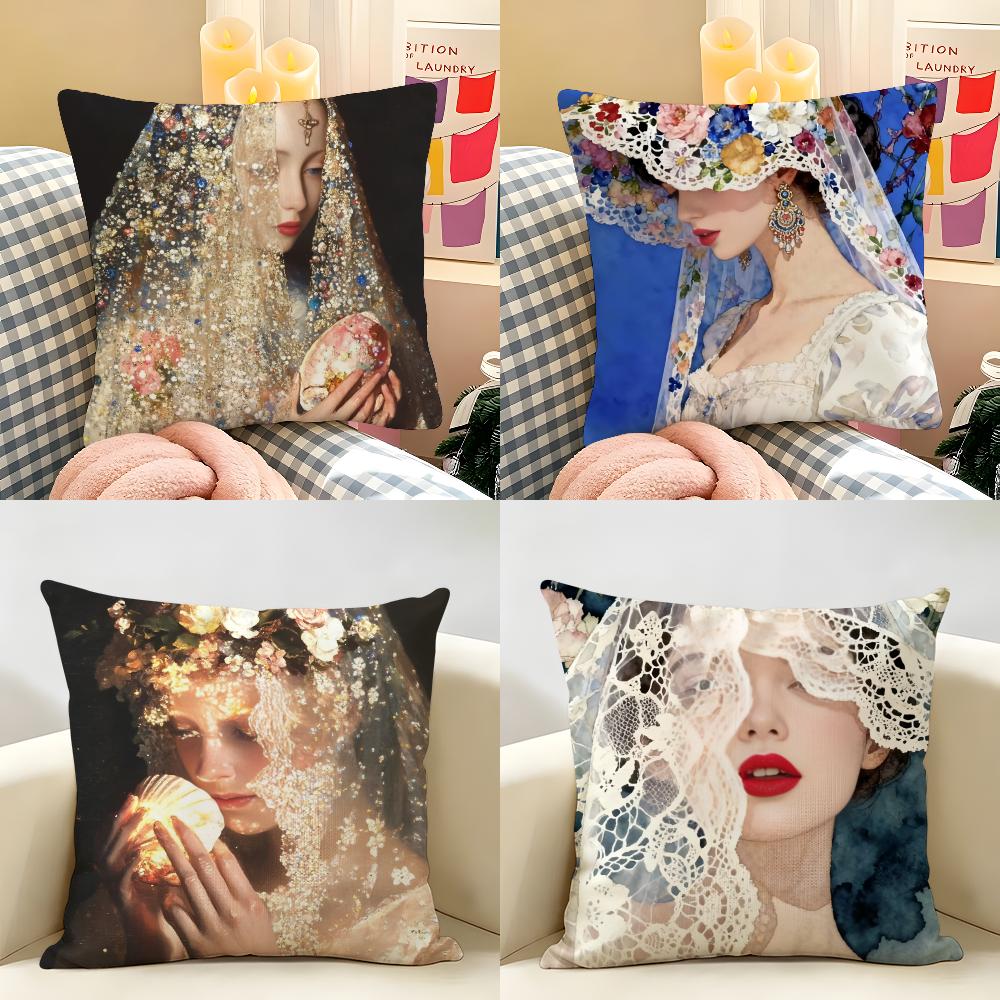 Retro Cute Wedding Girl Cushion Cover Natural Linen Organic Fabric DoubleSided Printing Room Sofa Decor Pillow Case