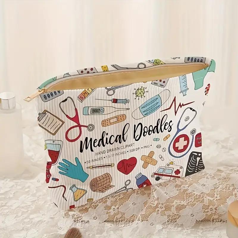 Medical Graffiti Printed Corduroy Makeup Bag, Lightweight Zipper Makeup Storage Box, Multi functional Bag with Lining