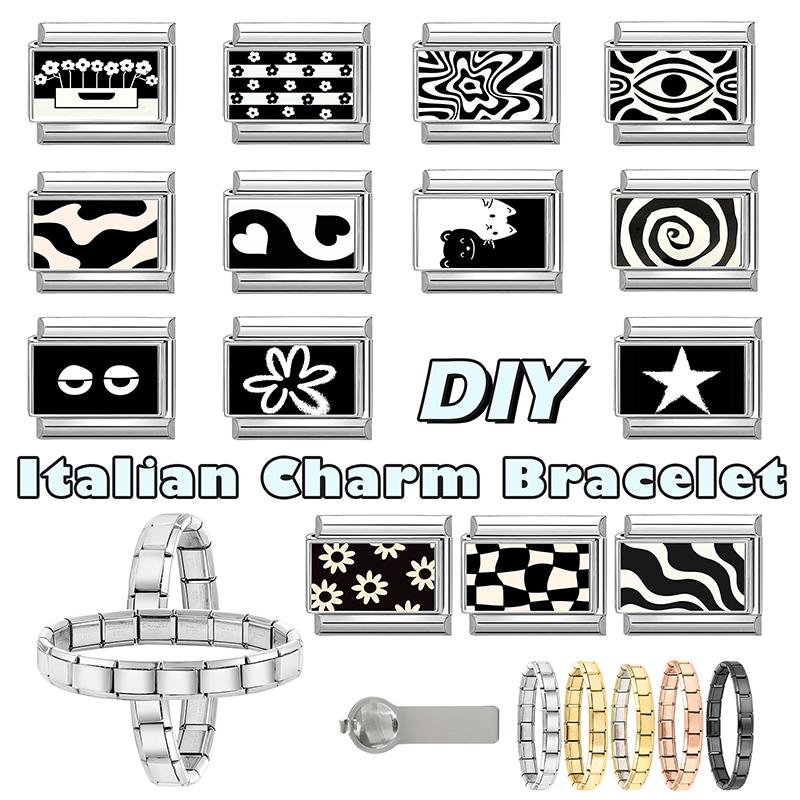 Y2K Black Series Heart Sunflower Heart Star Tai Chi Eye Cat Italian Charm Links Fit 9mm Stainless Steel Bracelet DIY Making Gift
