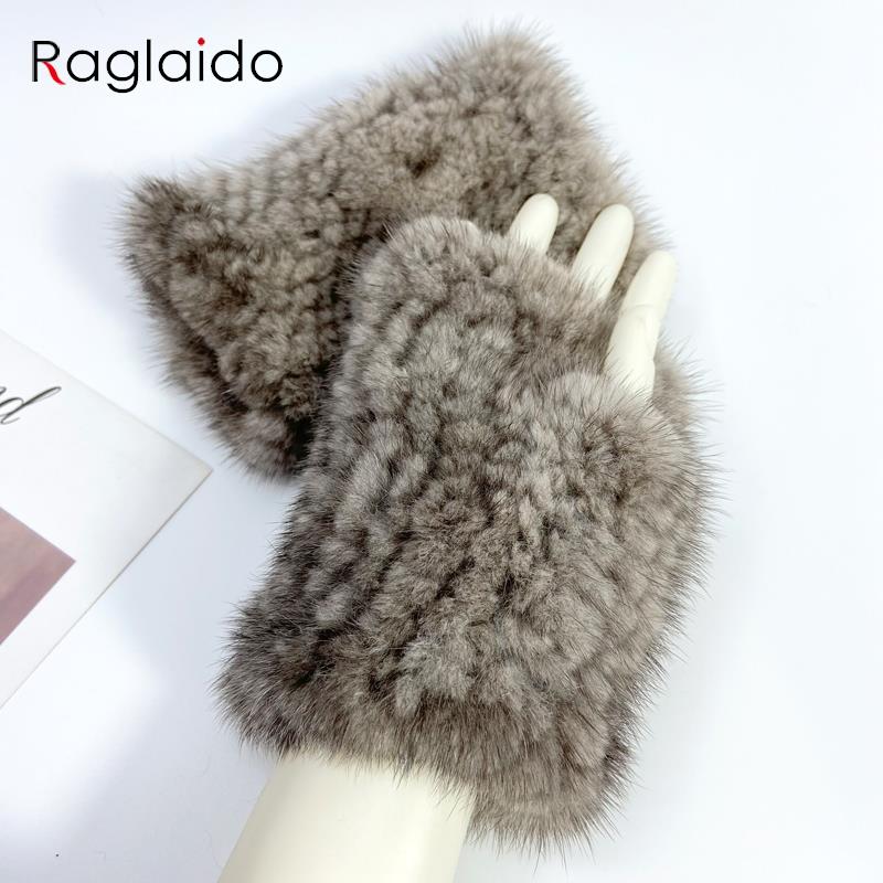 Real Mink Fur Fingerless Gloves for Women Girls Natural Fur Knitted Mittens Warm Soft Luxury Winter Gloves