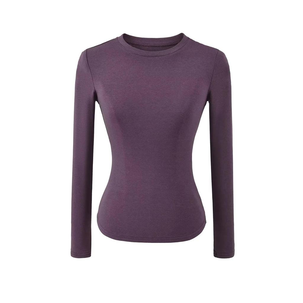 Women's Spicy Girl Round Neck Long Sleeve Yoga Tee - Slim Fit, Solid Color, Elastic Base Layer