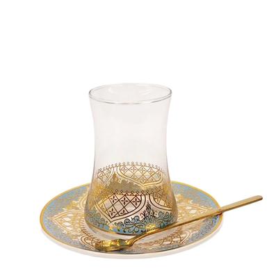 Set de pahare de ceai, cești, farfurioare cu lingură, ceașcă de cafea, ceașcă de ceai exotică romantică, sticlă albastră, aurie, decorare de bucătărie, băut