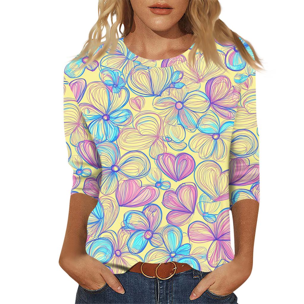 Dámský módní a ležérní pulovr s tříčtvrtečním rukávem a květinovým potiskem