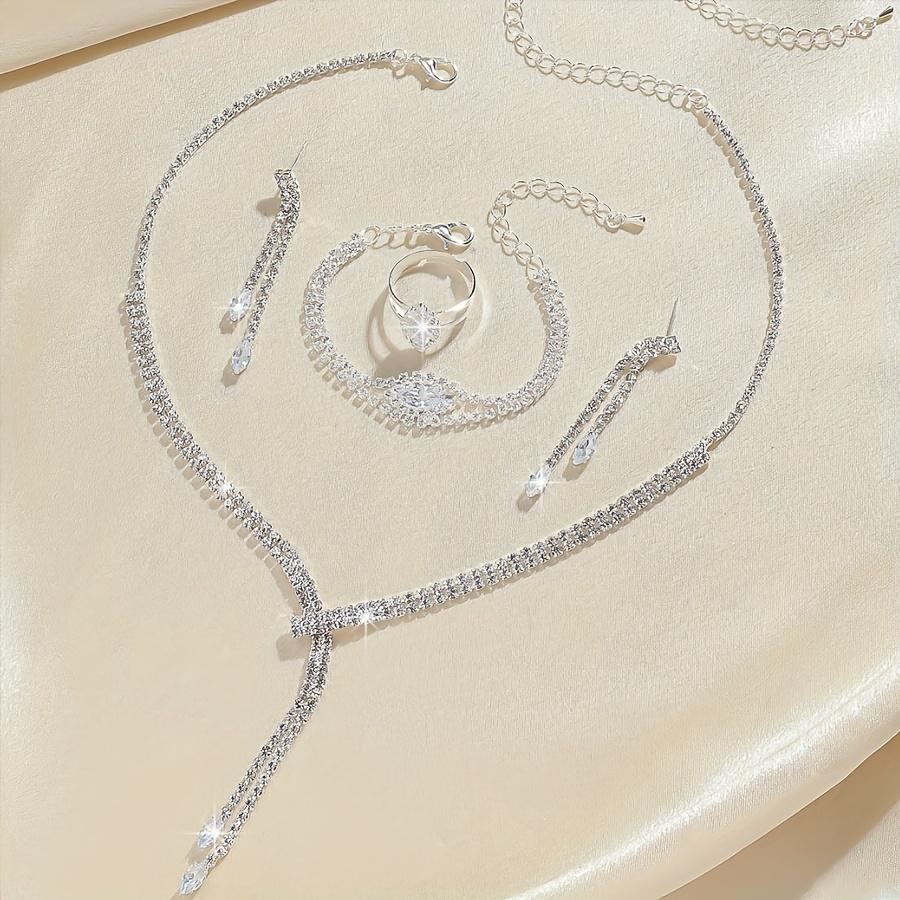 Elegant Jewelry Set With Earrings Necklace Bracelet Four-Piece Set Silver Plated  Fashionable Teardrop-Shaped Evening Party Decoration Exquisite Gift A Four-Piece Set