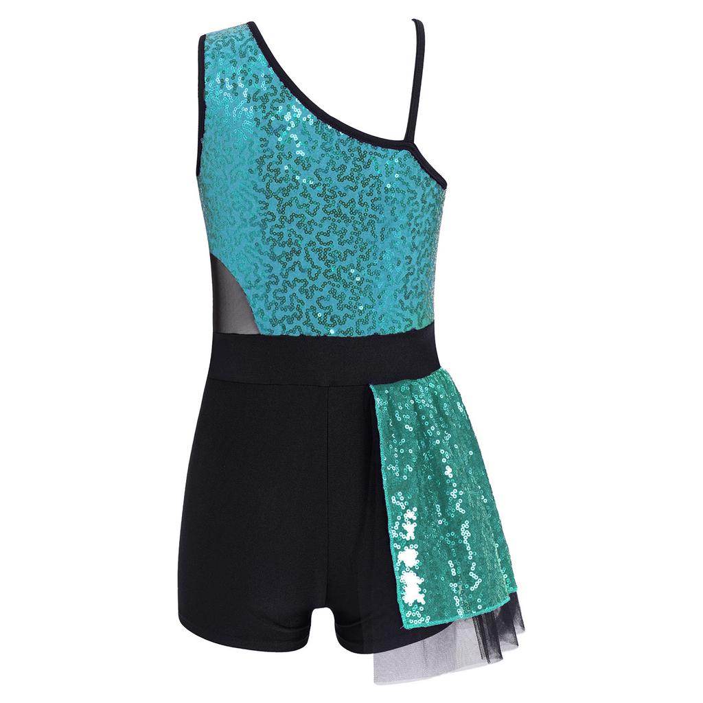 Mädchen Glitzernde Tanzbekleidung mit Rüschensaum-Design und Mesh-Patchwork-Stil