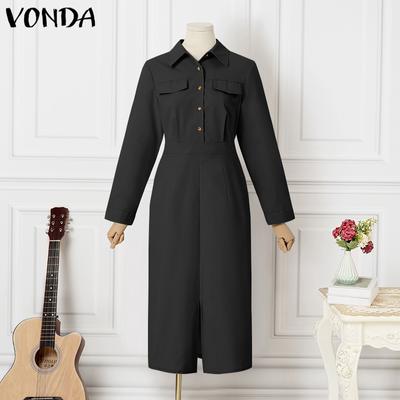 VONDA Women Summer Lapel Long Sleeve Pockets Straight Slits Dresses
