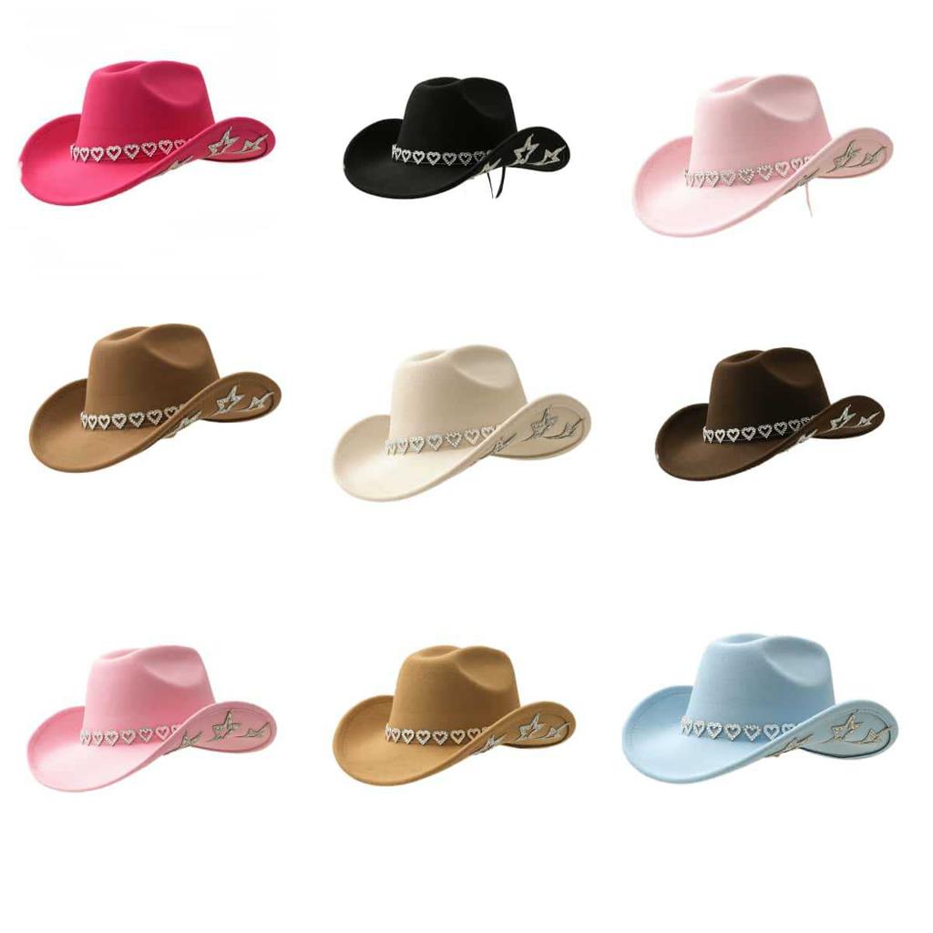 Popular love rhinestone cowboy hat women's western woolen big brim sun hat fashion personality trend hat