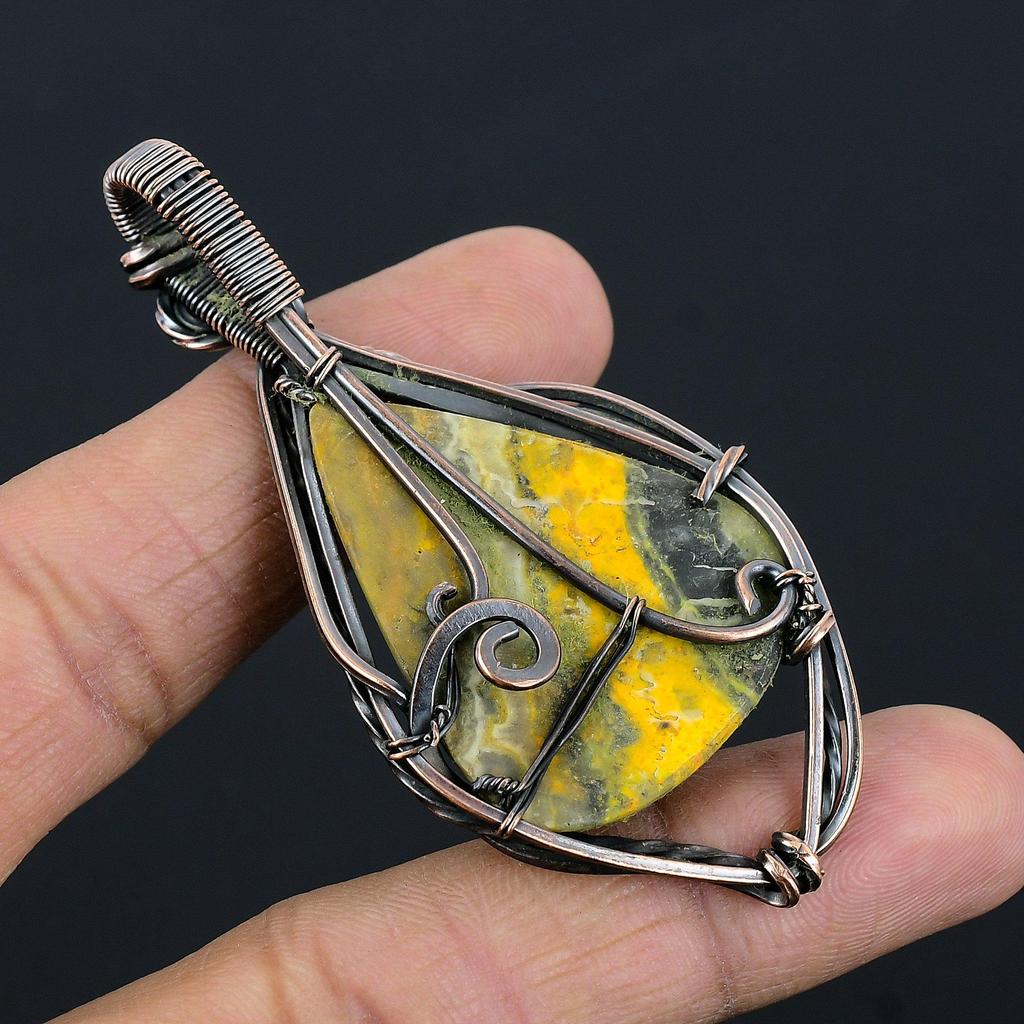 Bumblebee Jasper Pendant, 999 Copper Wire Wrapped Gemstone Jewelry, Handmade Pendant, For Mother Day