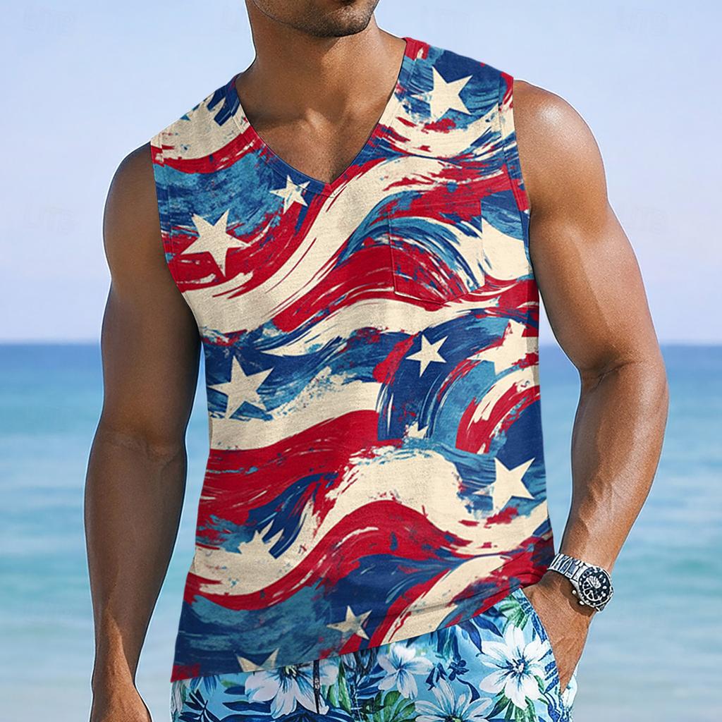 Men’s Sleeveless V Neck Tank Top with Tropical Tree and Flag Print Casual Lightweight Summer Shirt