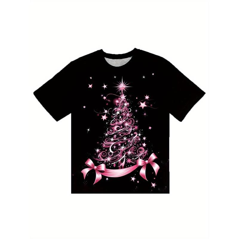 European Size Womens Cartoon Christmas Tree Print T Shirt Round Neck Short Sleeve Casual Summer Fashion Trend Street Wear Top