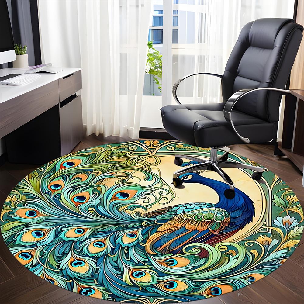 1pc Peacock Feather Office Round Area Rug, Under Office Chairs Bedroom Living Room Home Decor, Room Deco
