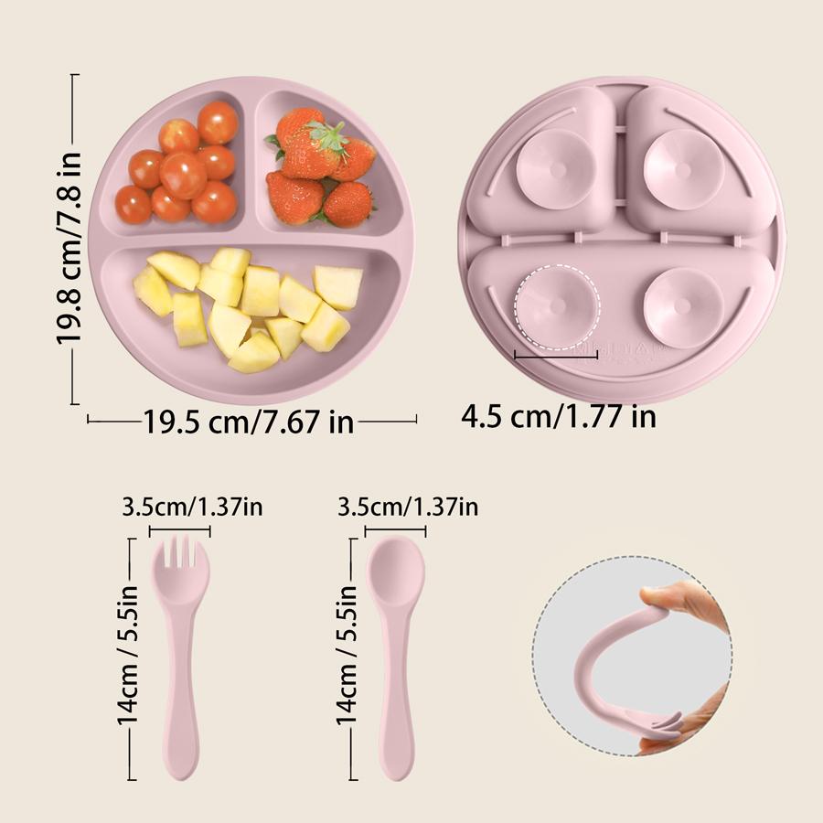 3PCS Baby Silicone Feeding Dishes Plate Children Plate Sucker Feeding Bowl Wood Fork Spoon Set Toddler Training Tableware