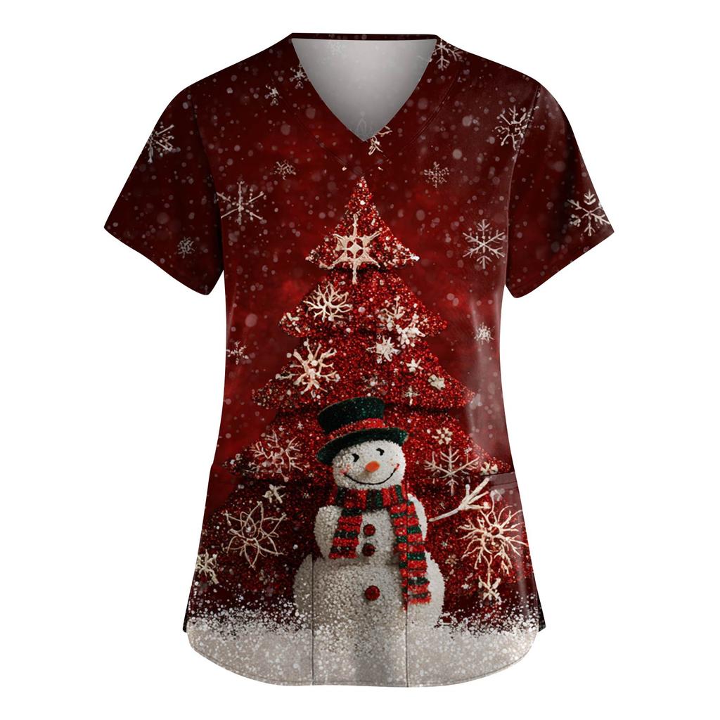 Women's Fashion V-Neck Short-Sleeved Workwear With Pockets Christmas Print Top Caregiver Uniform