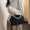 Elegant Velvet Kiss Lock Evening Clutch Women's Vintage Pearl Chain Shoulder Crossbody Bag Luxury Soft Fabric Handbag