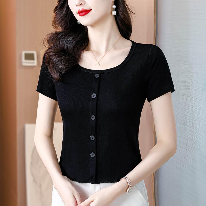 Summer Fashionable Design and Age-reducing Solid Color Square Collar Short-sleeved T-shirt Slim and Versatile Women's Top