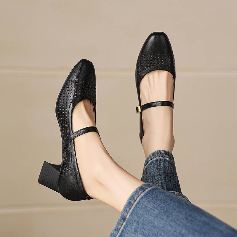 Krazing Pot Sheepskin Round Toe Thick Heels Summer Shoes Solid Big Size 42 Hollow Decoration Women Shallow Pumps