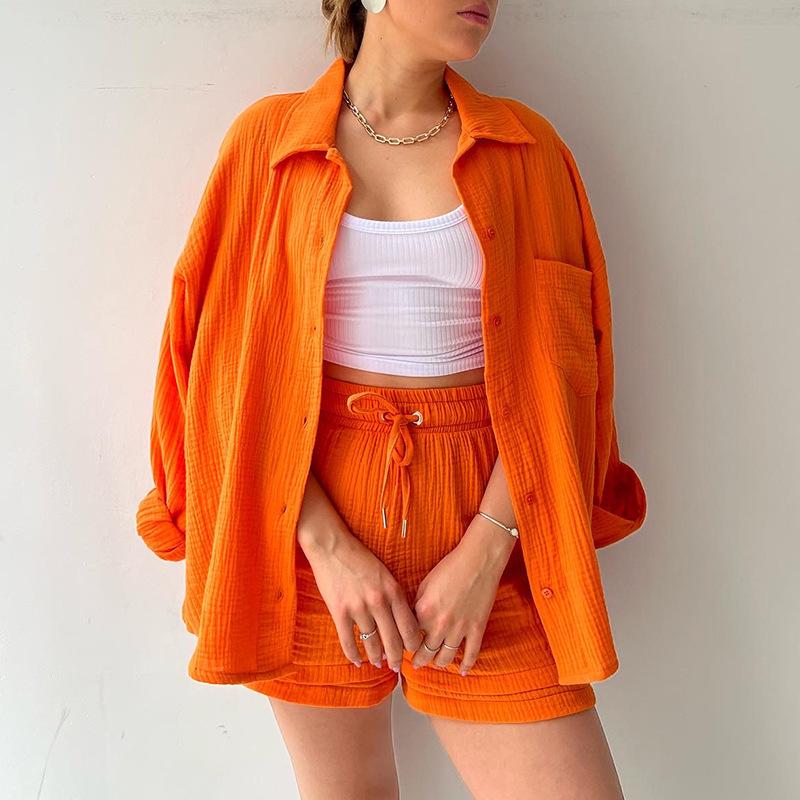 European and American Women's Crinkle Lapel Shirt & High Waist Shorts Two-Piece Set