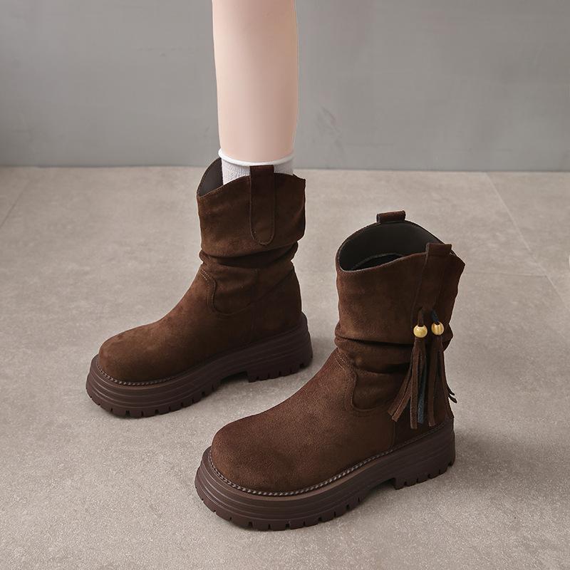 New autumn and winter Maillard fringed short boots women's retro medium tube Martin boots thick heel western pile knight boots