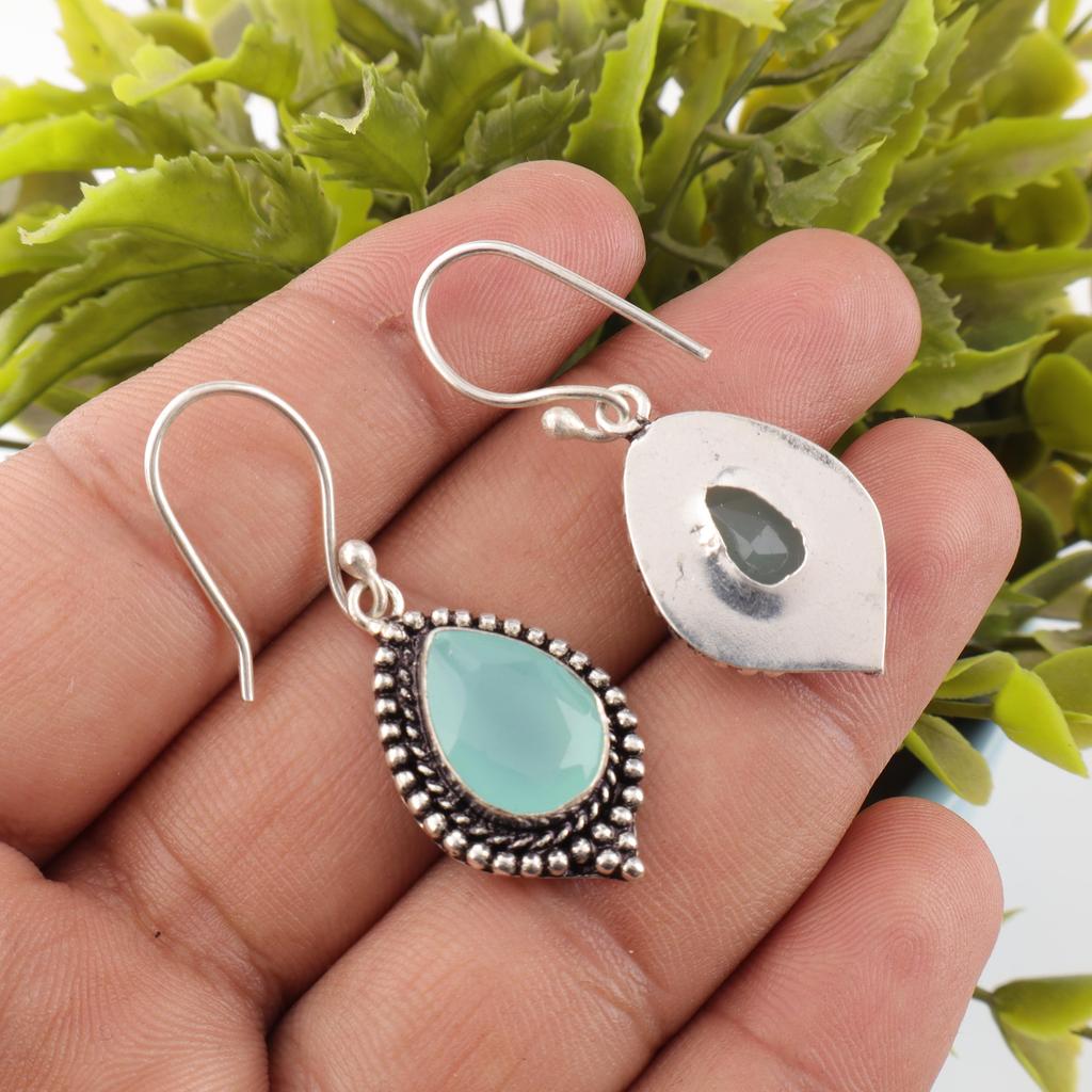 Aqua Chalcedony Handmade Gemstone Jewelry, 925 Solid Sterling Silver Earrings Unique Design Jewelry, For Women