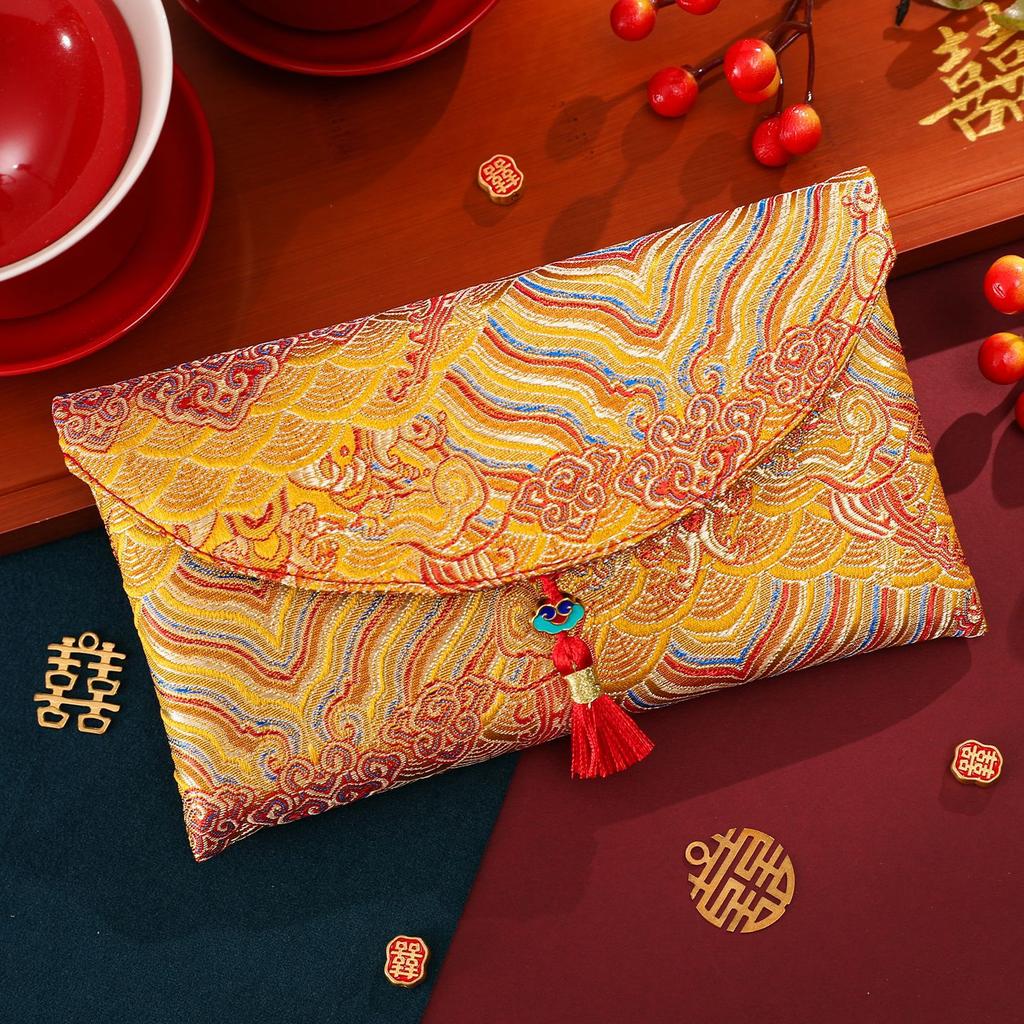 2 Pcs Brocade Embroidery Fabric Wedding Red Envelope Money Pocket Hongbao New Year's Blessing Bag Chinese Spring Festival Bags