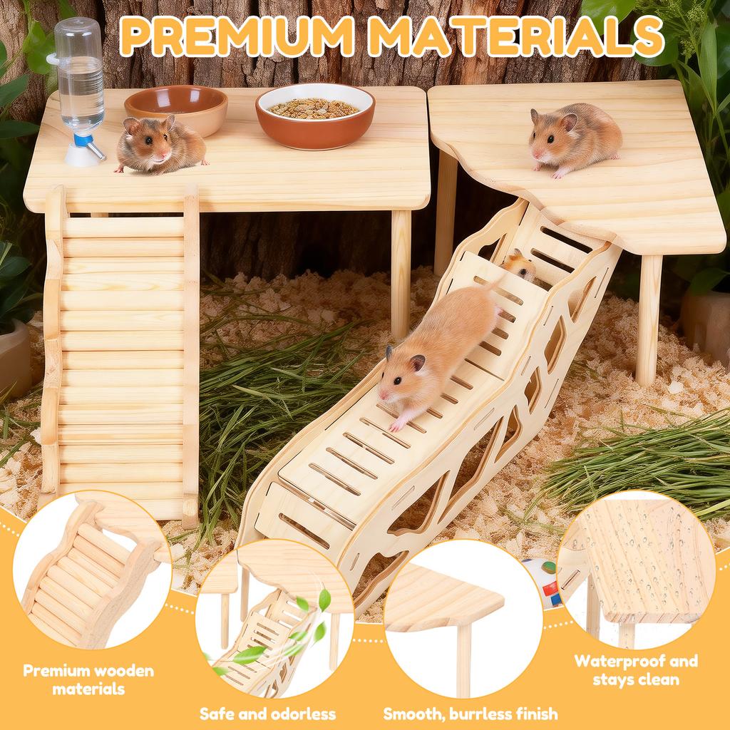 4Pcs Hamster Platform Natural Wood Hamster Climbing Toy with Ramp Tunnel Shelter Small Pet Resting Area Hamster Cage Accessories