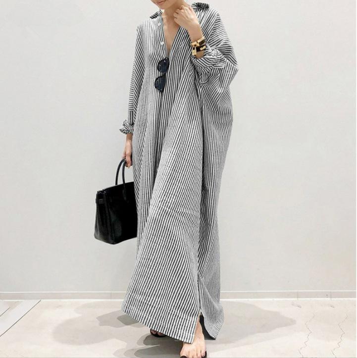 European & American Women's Plus Size Loose Striped Print Long Dress