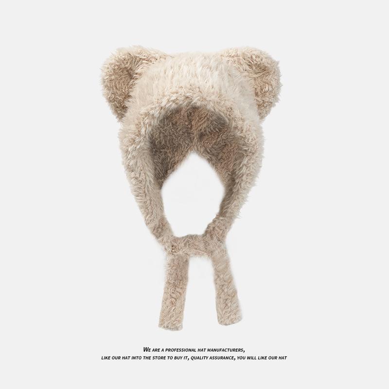 Autumn and Winter Plush Bear Knitted Hat Warm and Ear Protecting Cold Hat Japanese-style Large Head Knitted Hat Panda Element