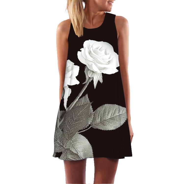 European Station European and American new digital printing crew neck hot-selling off-the-shoulder dress S