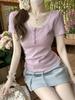 Summer Korean Style Sweet Square Neck Lace Trim Button Slim Fit Short Sleeve Top
