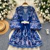 Court Style Dress Women's New European and American Retro V-neck Lantern Sleeve Waist Printing A-shaped Dress Short Skirt