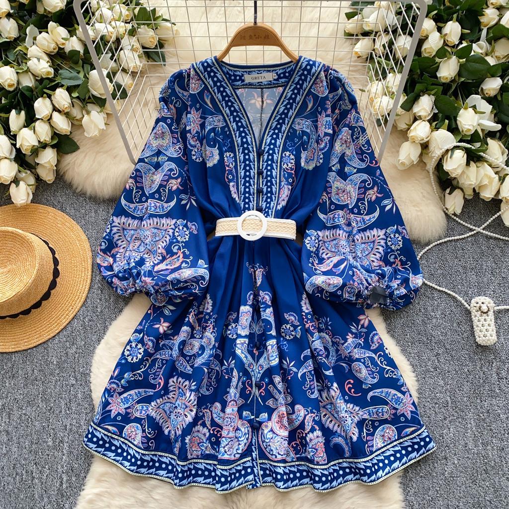 Court Style Dress Women's New European and American Retro V-neck Lantern Sleeve Waist Printing A-shaped Dress Short Skirt