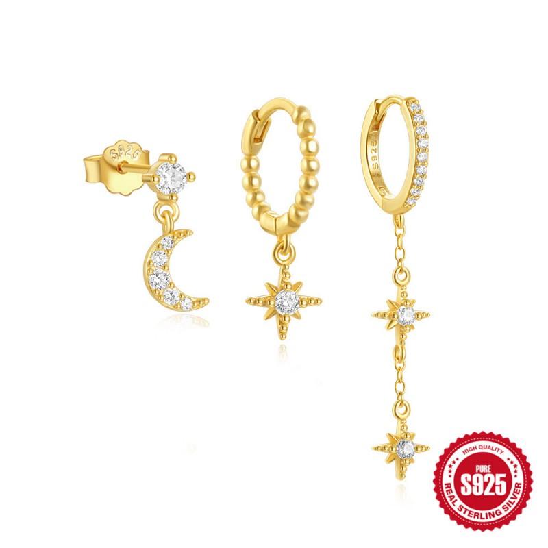 Sterling Evil Eye Octagram Moon Stud Hoop Earring Set With Cubic Zirconia Pearl Women