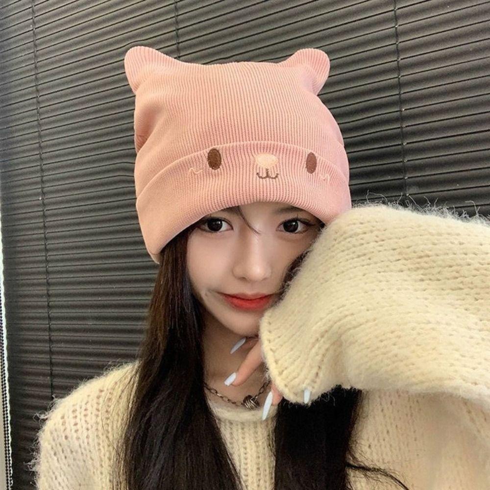 Solid Color Knitted Hats Cat Ear Pullover Beanie Caps Cute Skull Cap