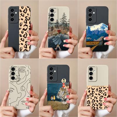 Kryt pouzdra pro Samsung A55 S24+ M15 A15 S24 Ultra F15 A35 Shell Fashion černo-bílý Leopard Print Tekutý silikon Měkké tašky na telefon Capas pro Galaxy