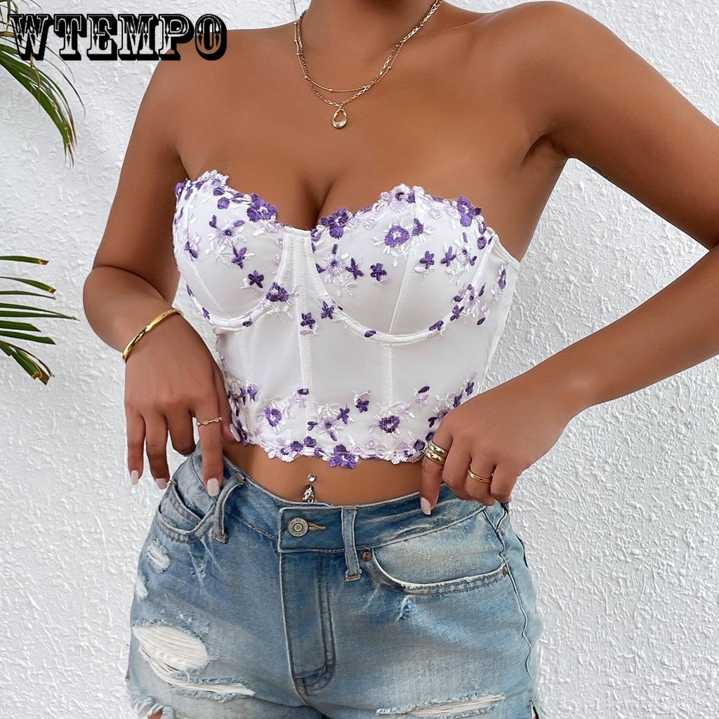 Lace Fragmented Flowers Embroidered Top Trend Have Cash Less  Navel Exposed Breastplate Undergarment Covering The Chest and Abdomen Tops