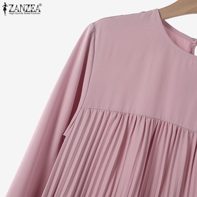 ZANZEA Womens Casual O-neck Loose Long Sleeve Pleated Long Dress