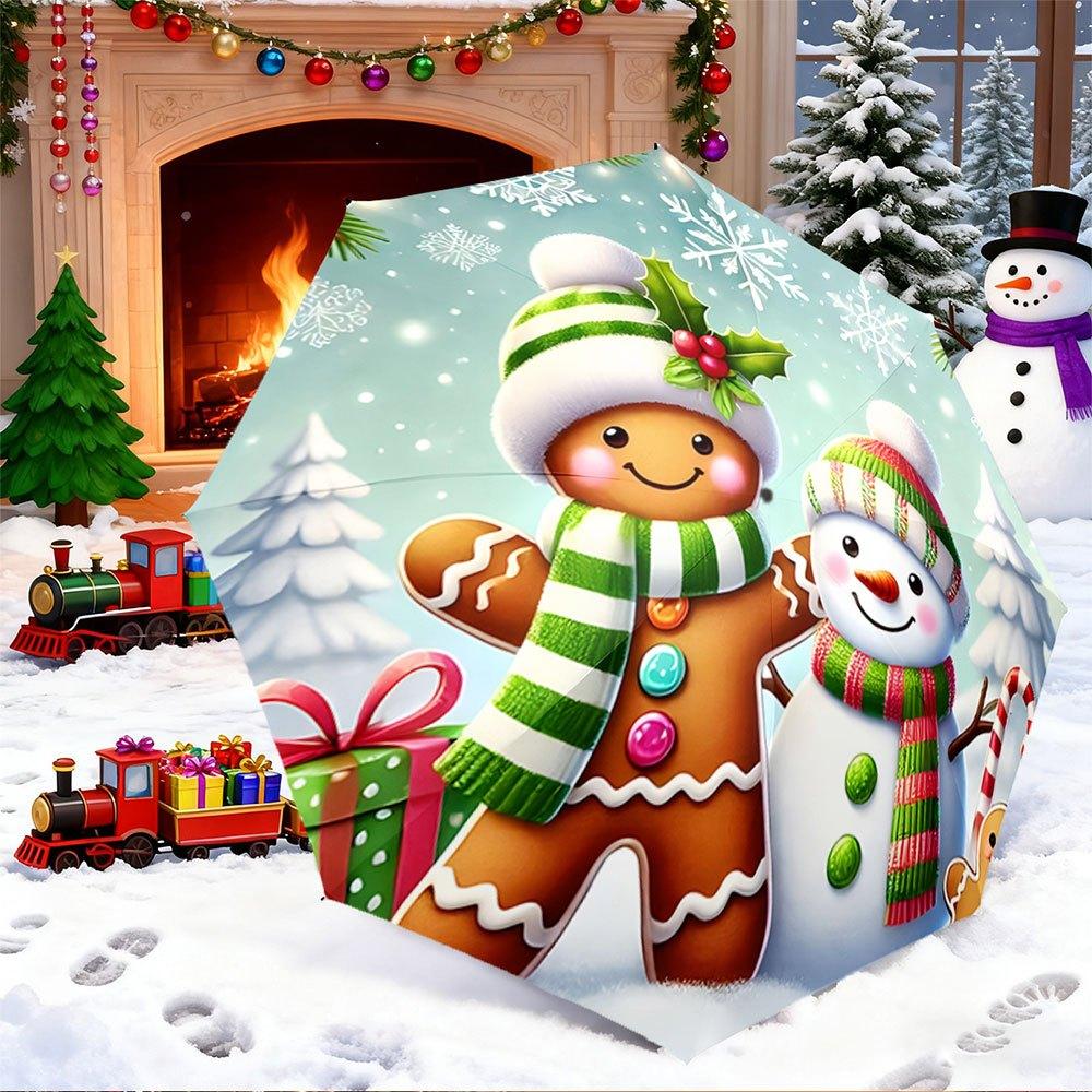 Portable Folding Umbrella with Gingerbread & Snowman Design - Automatic Open/Close, 8-Rib Windproof Umbrella with Green-White (as the picture,Iron&8K)