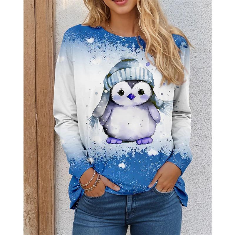 Penguin pattern women's T-shirt long sleeved 3D printed Christmas style