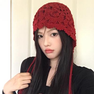New Autumn and Winter Hook Flower Bag Head Hat for Women's Wheat Ears Tassel Knitted Hat Fashion Literary Pullover Hat Trendy Wool Hat