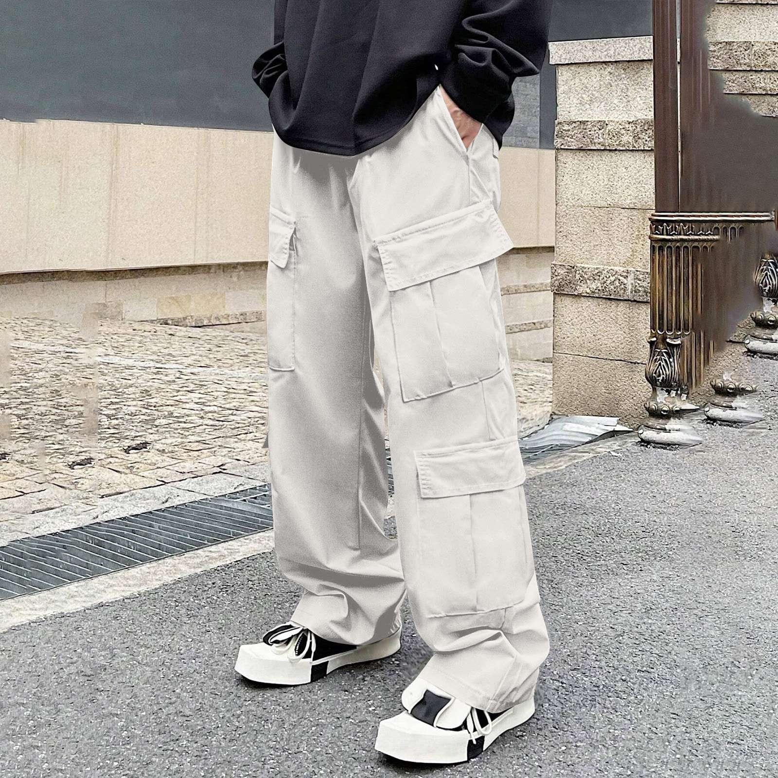 Men s Solid Color Multi-Pocket Work Pants Men s Casual Fashion Work Pants S бежевый