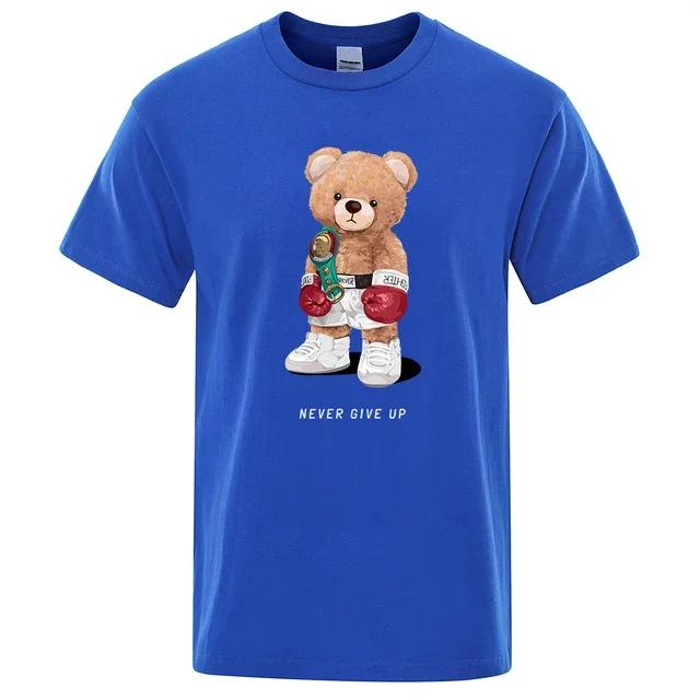 strong Boxer Teddy Bear Never Give Up Print Funny T-Shirt Men Cotton Casual Short Sleeves Loose Oversize S-XXXL Tee Clothing