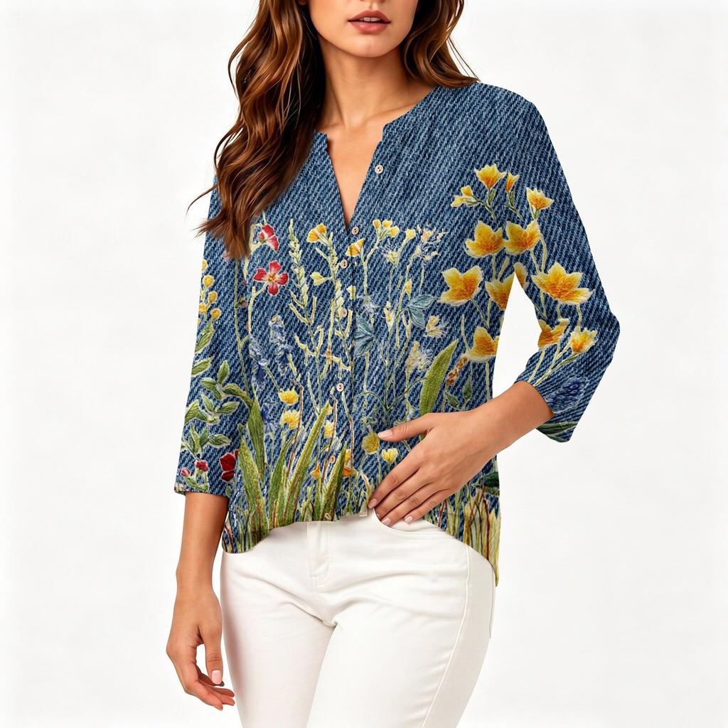 Women Vintage Floral Print Henley Button Neck Three Quarter Sleeve Linen Cotton Blouse Casual Loose Fit Shirt