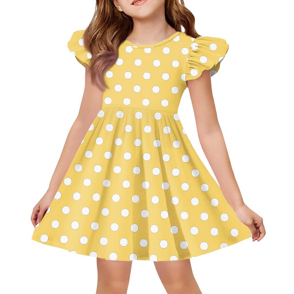 Girls Short Sleeve Ruffle Polka Dot Dress Soft Cotton Crewneck Casual A Line Dress for Kids Summer Outfits