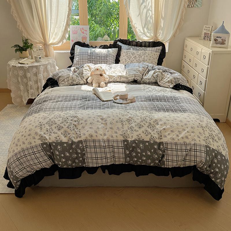 Bonenjoy Queen Size Duvet Cover Sets with Black Ruffles King Size Bed Cover Sets Reactive Printed Bedding Set Single Bed Linens