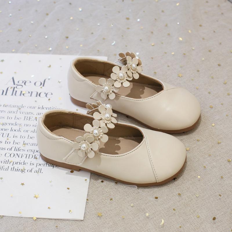 2024 New Simple Flowers Kids Shoes Non-slip Pearls Round-toe Hook & Loop Korean PU Platform Children Casual Shoes Free Shipping