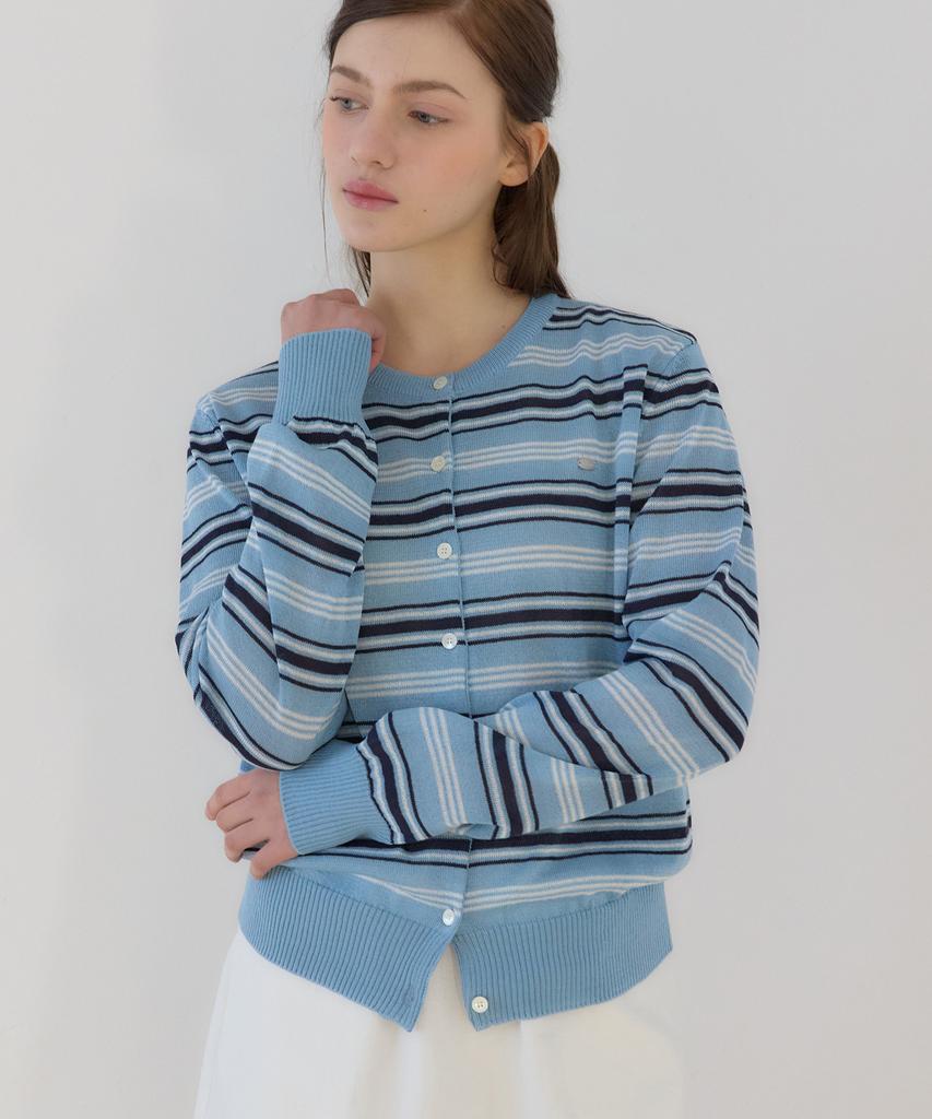 OURHOPE Sheer Multi-Stripe Round Neck Cardigan - Sky Blue