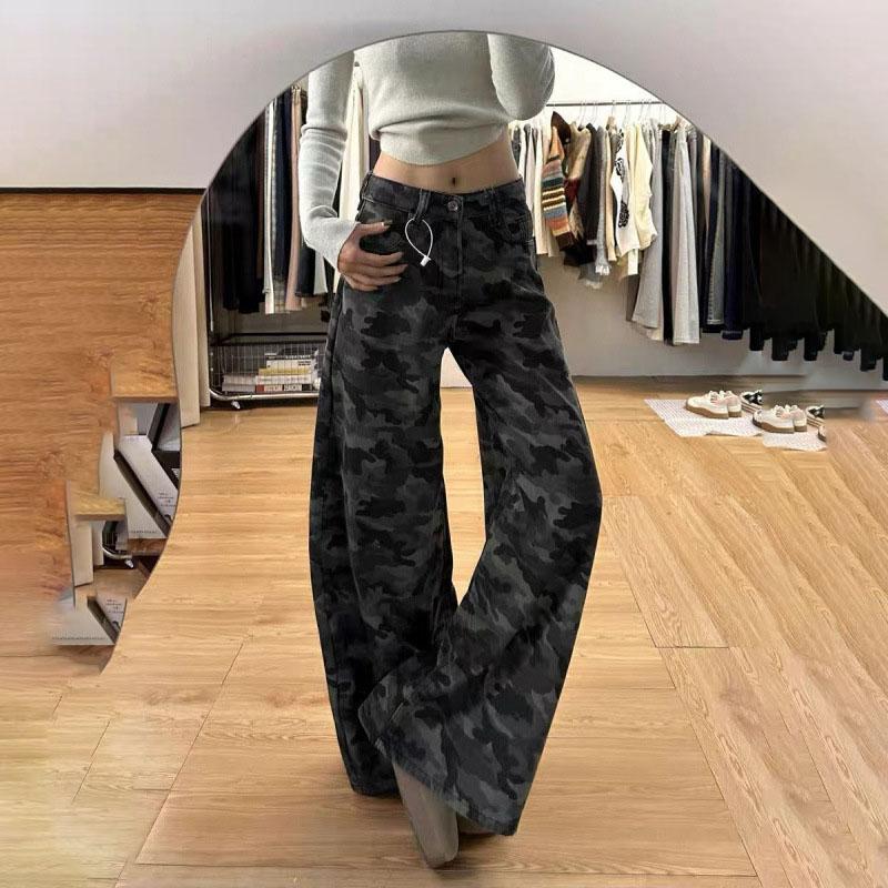 Women's Spring Vintage High-Waisted Loose Slimming Floor-Length Pants American High-Street Cargo Wide-Leg Camouflage Jeans